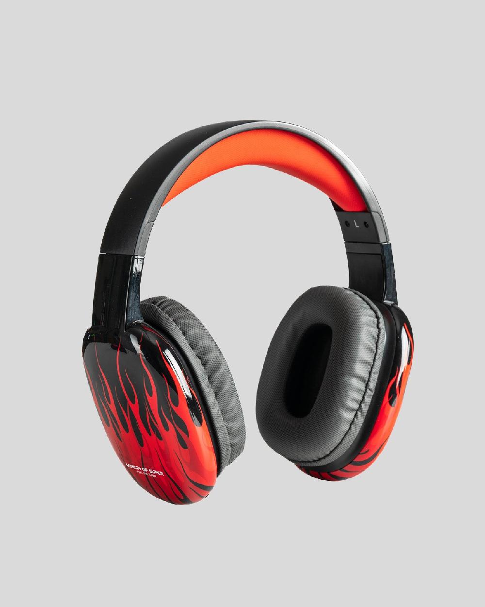 Vision Of Super BLACK HEADPHONES WITH RED FLAMES AND WHITE LOGO Italia