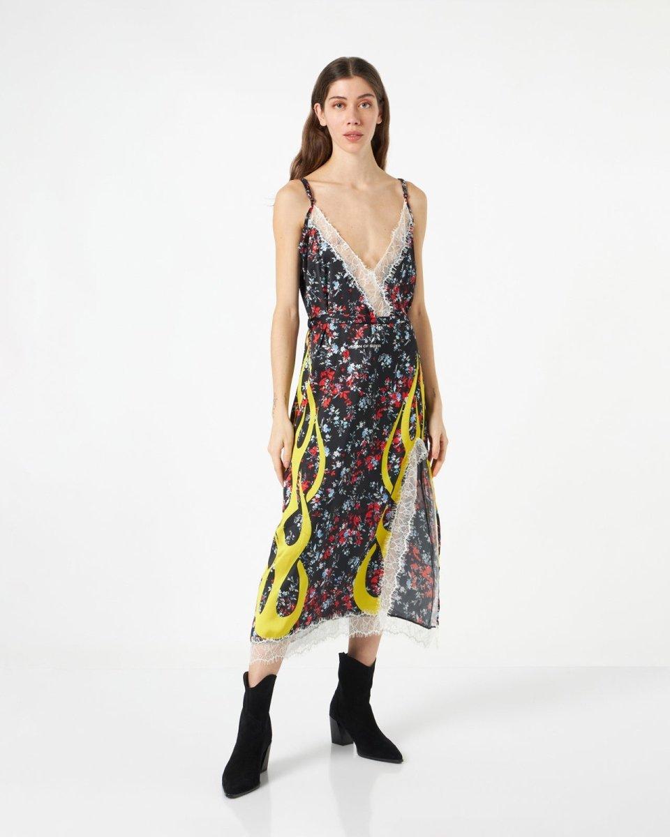 Vision Of Super FINE BLACK DRESS WITH YELLOW FLAMES Spedizione Gratuita