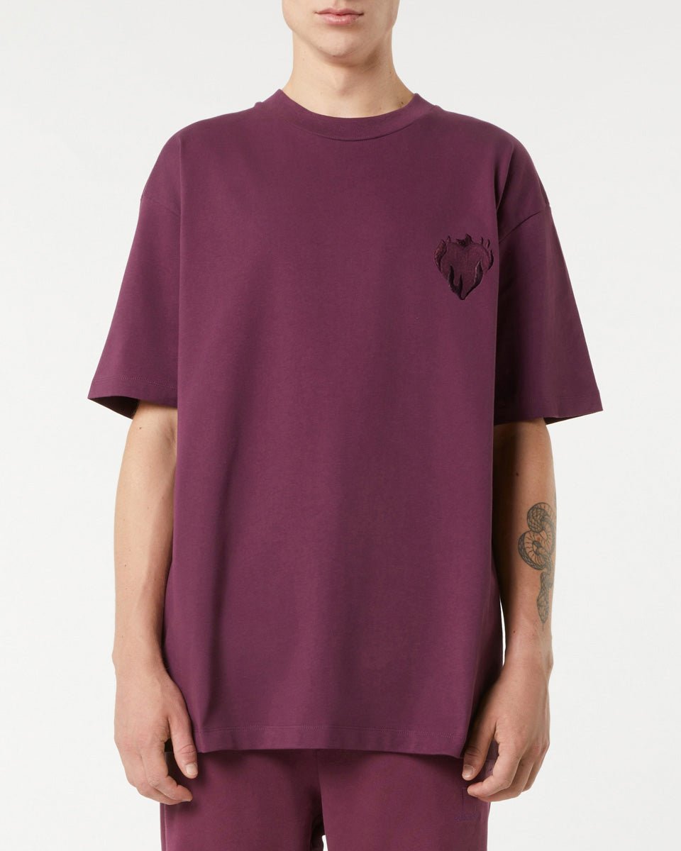 Vision Of Super GRAPE WINE T-SHIRT WITH EMBROIDERED FLAMING HEART Offerta Pasqua