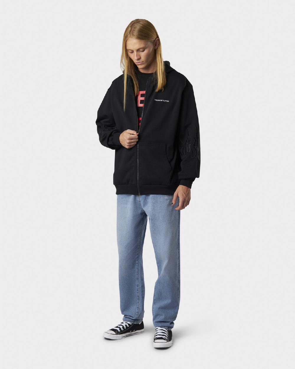 Vision Of Super BLACK HOODIE ZIP WITH EMBROIDERED WHITE LOGO BLACK FLAMES AND METAL LABEL + BUTTON Offerta Anniversario