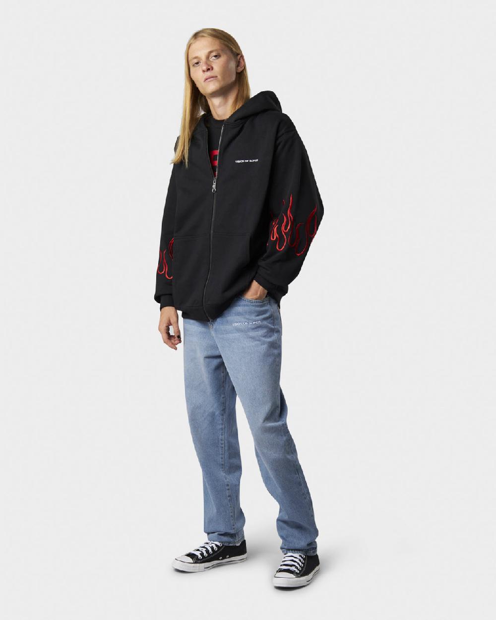 Vision Of Super BLACK HOODIE ZIP WITH EMBROIDERED WHITE LOGO EMBROIDERED RED FLAMES AND METAL LABEL + BUTTON Consegna Veloce