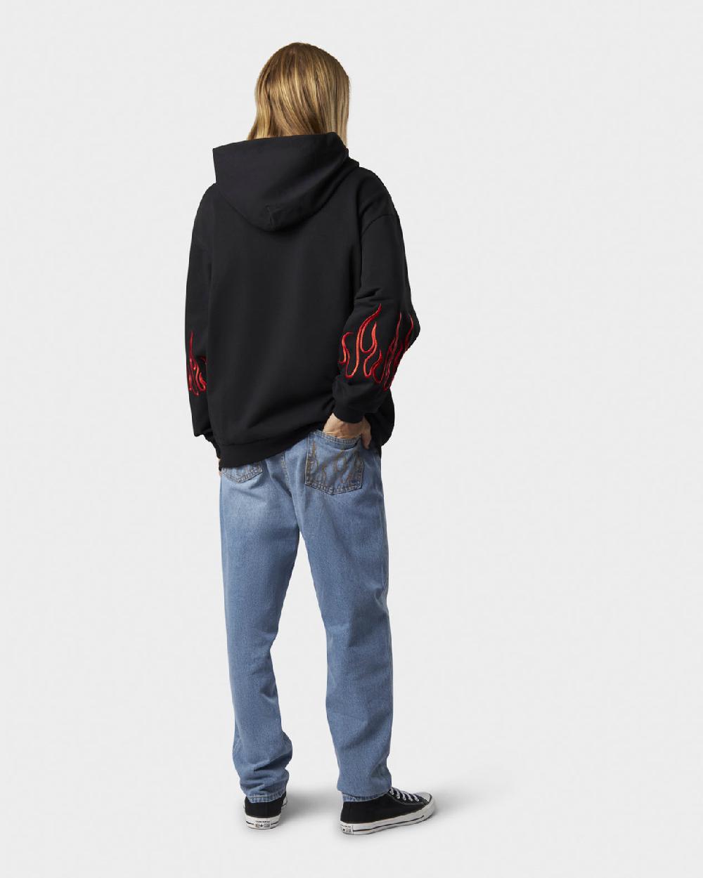 Vision Of Super BLACK HOODIE ZIP WITH EMBROIDERED WHITE LOGO EMBROIDERED RED FLAMES AND METAL LABEL + BUTTON Consegna Veloce