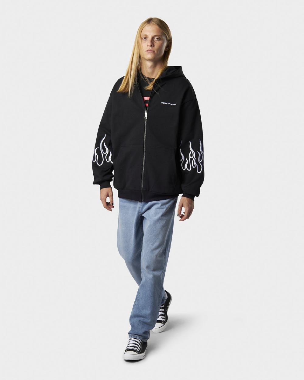 Vision Of Super BLACK HOODIE ZIP WITH EMBROIDERED WHITE LOGO EMBROIDERED WHITE FLAMES AND METAL LABEL + BUTTON Promozione Limitata