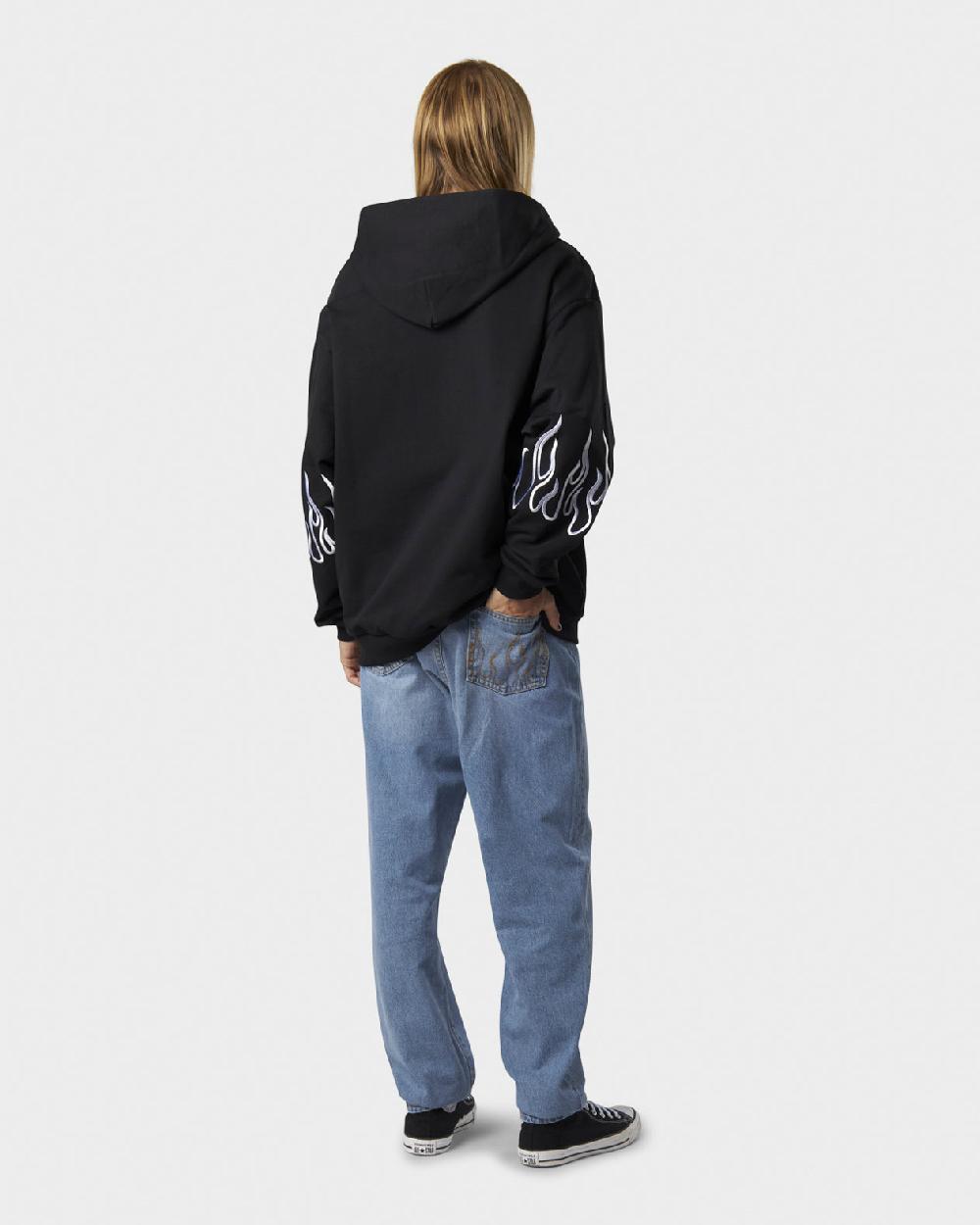 Vision Of Super BLACK HOODIE ZIP WITH EMBROIDERED WHITE LOGO EMBROIDERED WHITE FLAMES AND METAL LABEL + BUTTON Promozione Limitata