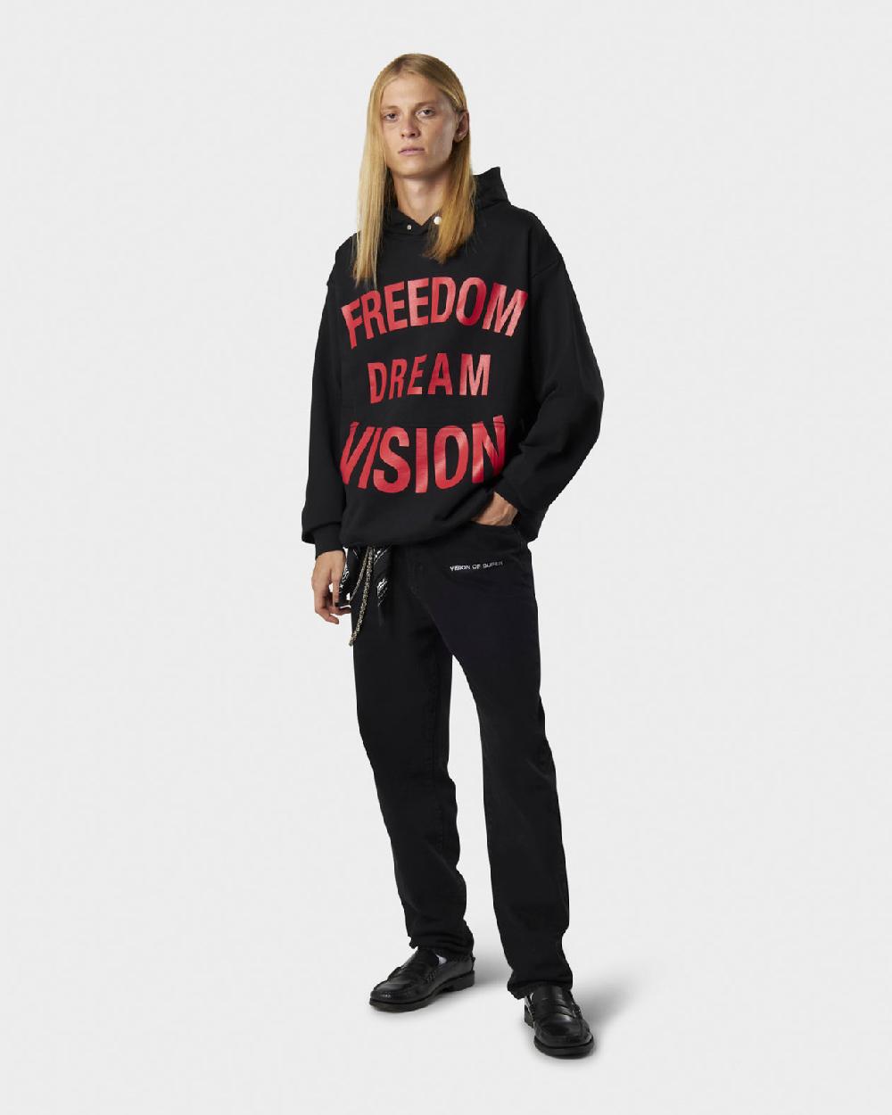 Vision Of Super BLACK HOODIE WITH FREEDOM PRINT METAL LABEL AND BUTTON Fino Al -60%