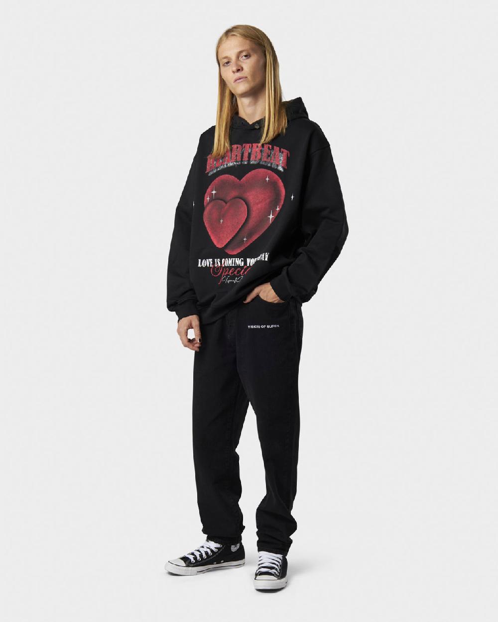 Vision Of Super BLACK HOODIE WITH HEARTBEAT PRINT ON FRONT AND METAL LABEL AND BUTTON Affare Del Giorno