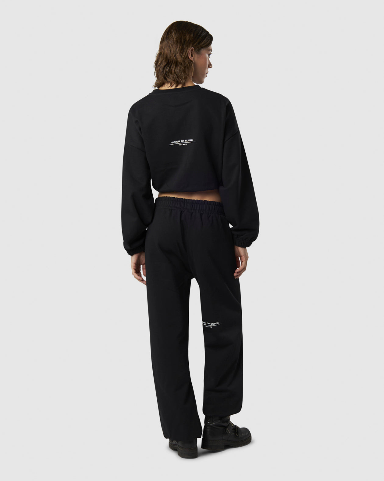 Vision Of Super BLACK CROP CREWNECK WITH EMBROIDERED FLAME LOGO ON FRONT AND PRINTED LOGO ON BACK Prezzo Ridotto