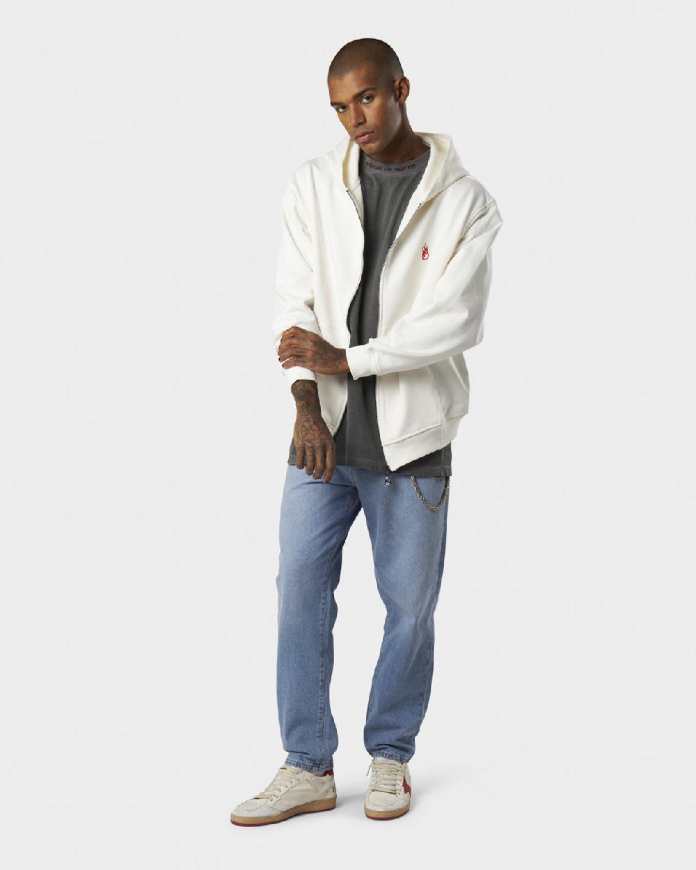 Vision Of Super WHITE HOODIE ZIP WITH RED FLAMES METAL LABEL AND PRINTED LOGO Convenienza