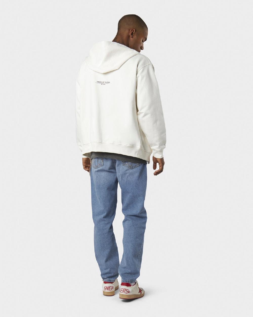 Vision Of Super WHITE HOODIE ZIP WITH RED FLAMES METAL LABEL AND PRINTED LOGO Convenienza
