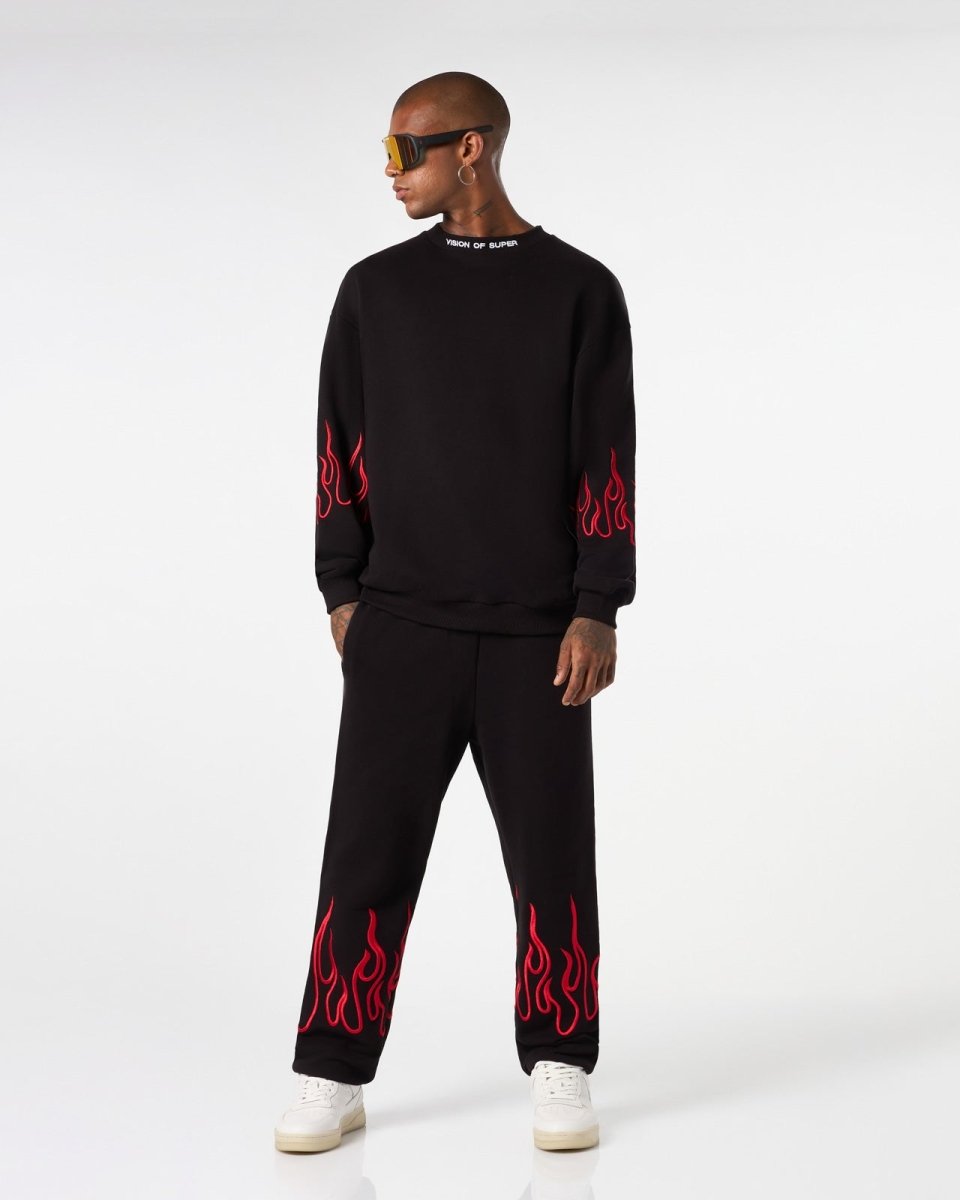 Vision Of Super BLACK CREWNECK WITH RED EMBROIDERED FLAMES Saldi