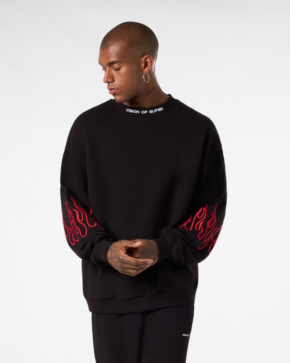 Vision Of Super BLACK CREWNECK WITH RED EMBROIDERED FLAMES Saldi
