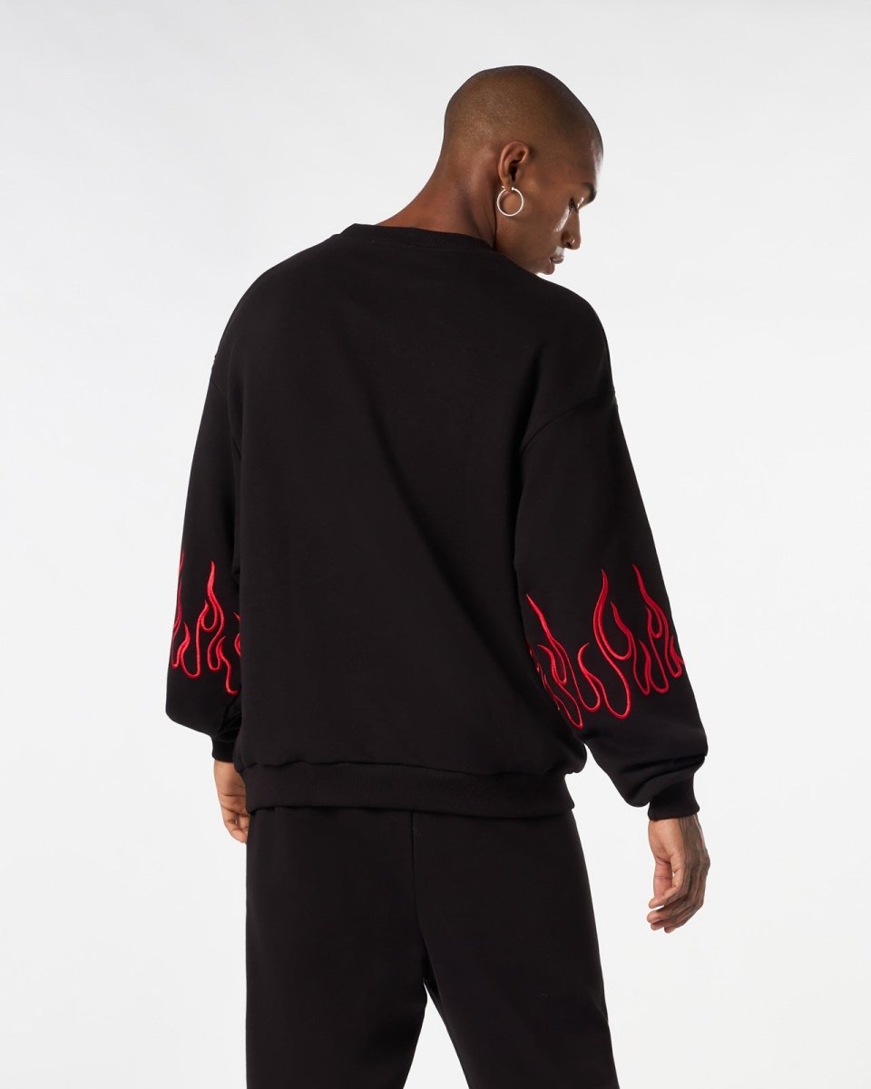 Vision Of Super BLACK CREWNECK WITH RED EMBROIDERED FLAMES Saldi