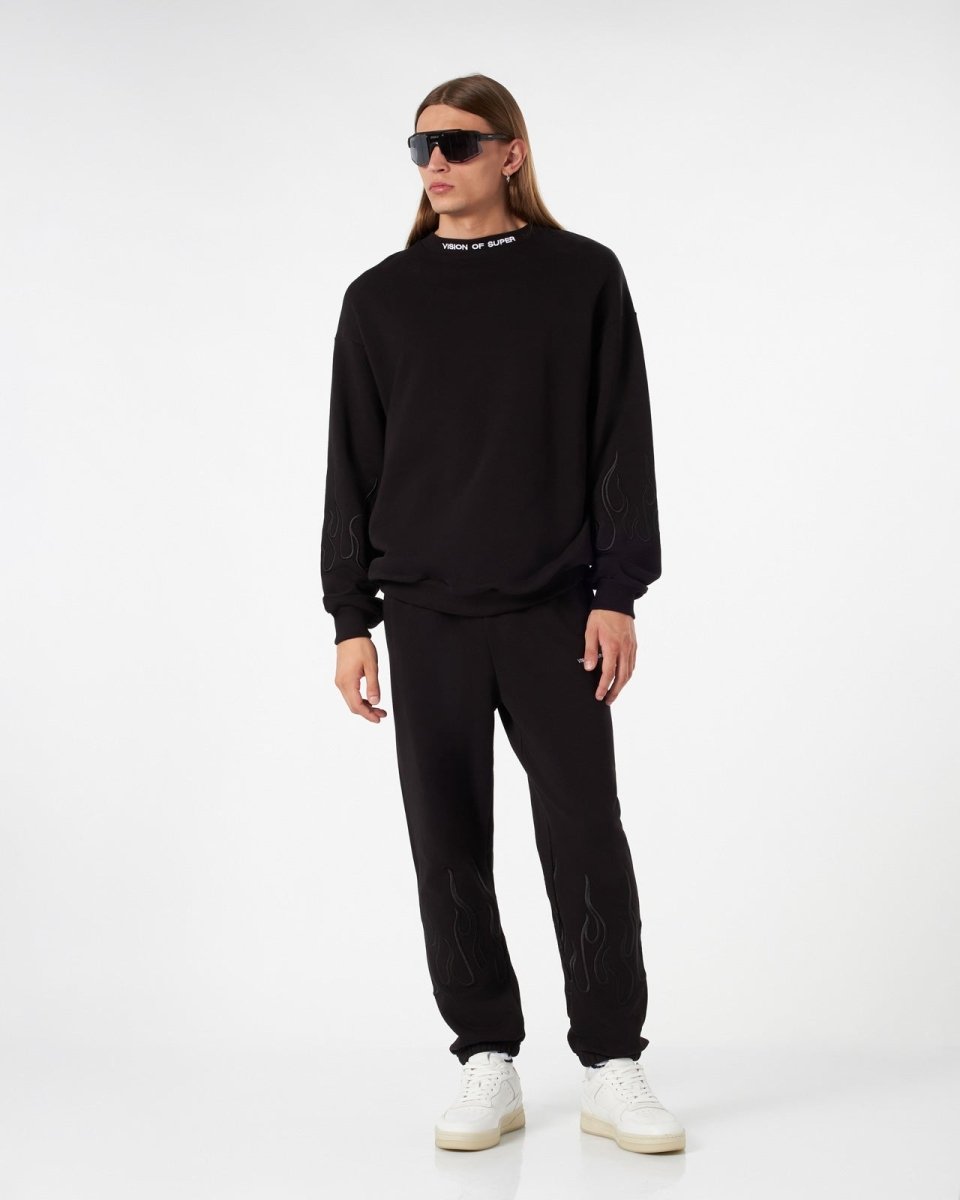 Vision Of Super BLACK CREWNECK WITH BLACK EMBROIDERED FLAMES Offerte