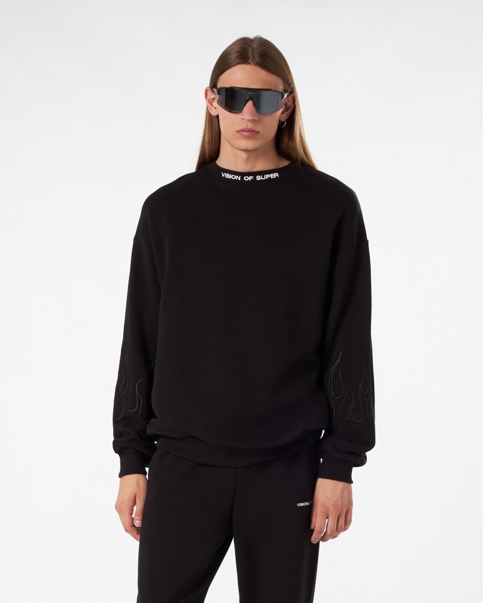 Vision Of Super BLACK CREWNECK WITH BLACK EMBROIDERED FLAMES Offerte