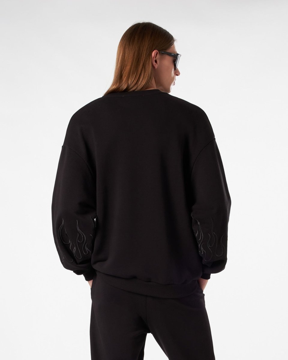 Vision Of Super BLACK CREWNECK WITH BLACK EMBROIDERED FLAMES Offerte