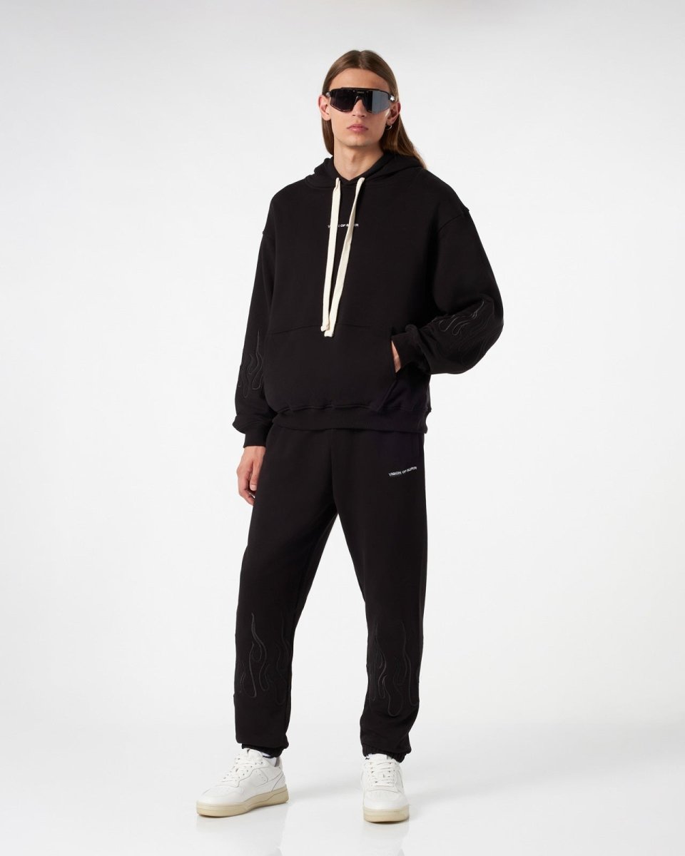 Vision Of Super BLACK HOODIE WITH BLACK EMBROIDERED FLAMES Hotsell