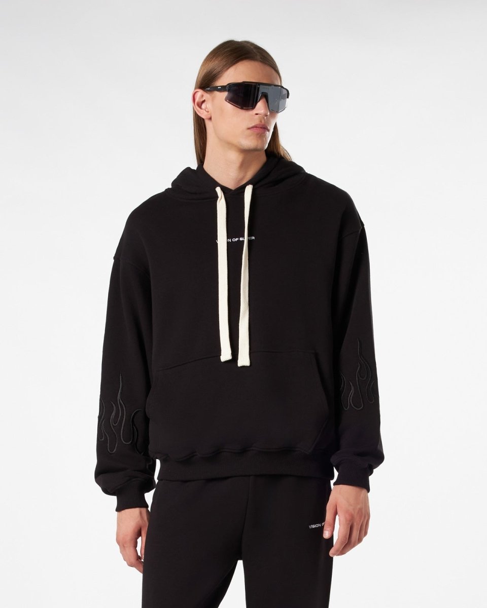 Vision Of Super BLACK HOODIE WITH BLACK EMBROIDERED FLAMES Hotsell