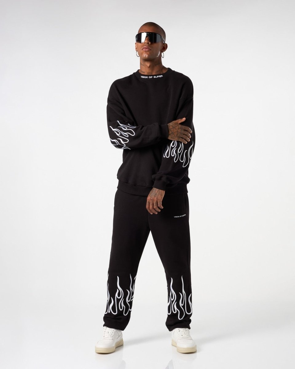 Vision Of Super BLACK CREWNECK WITH WHITE EMBROIDERED FLAMES Vendita Calda