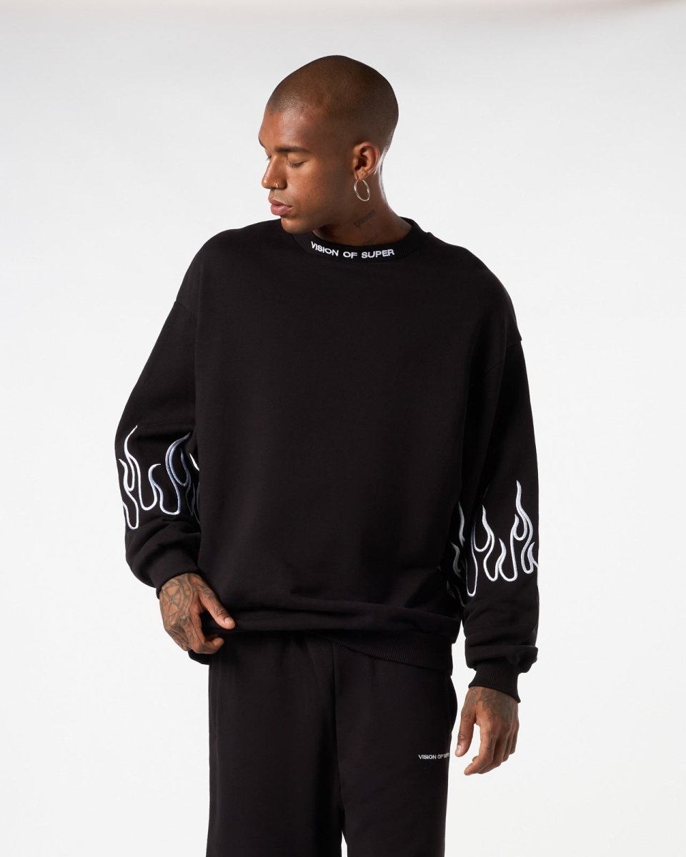 Vision Of Super BLACK CREWNECK WITH WHITE EMBROIDERED FLAMES Vendita Calda