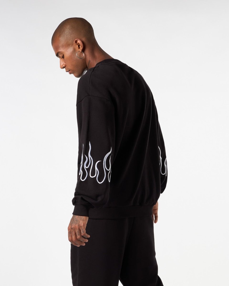 Vision Of Super BLACK CREWNECK WITH WHITE EMBROIDERED FLAMES Vendita Calda