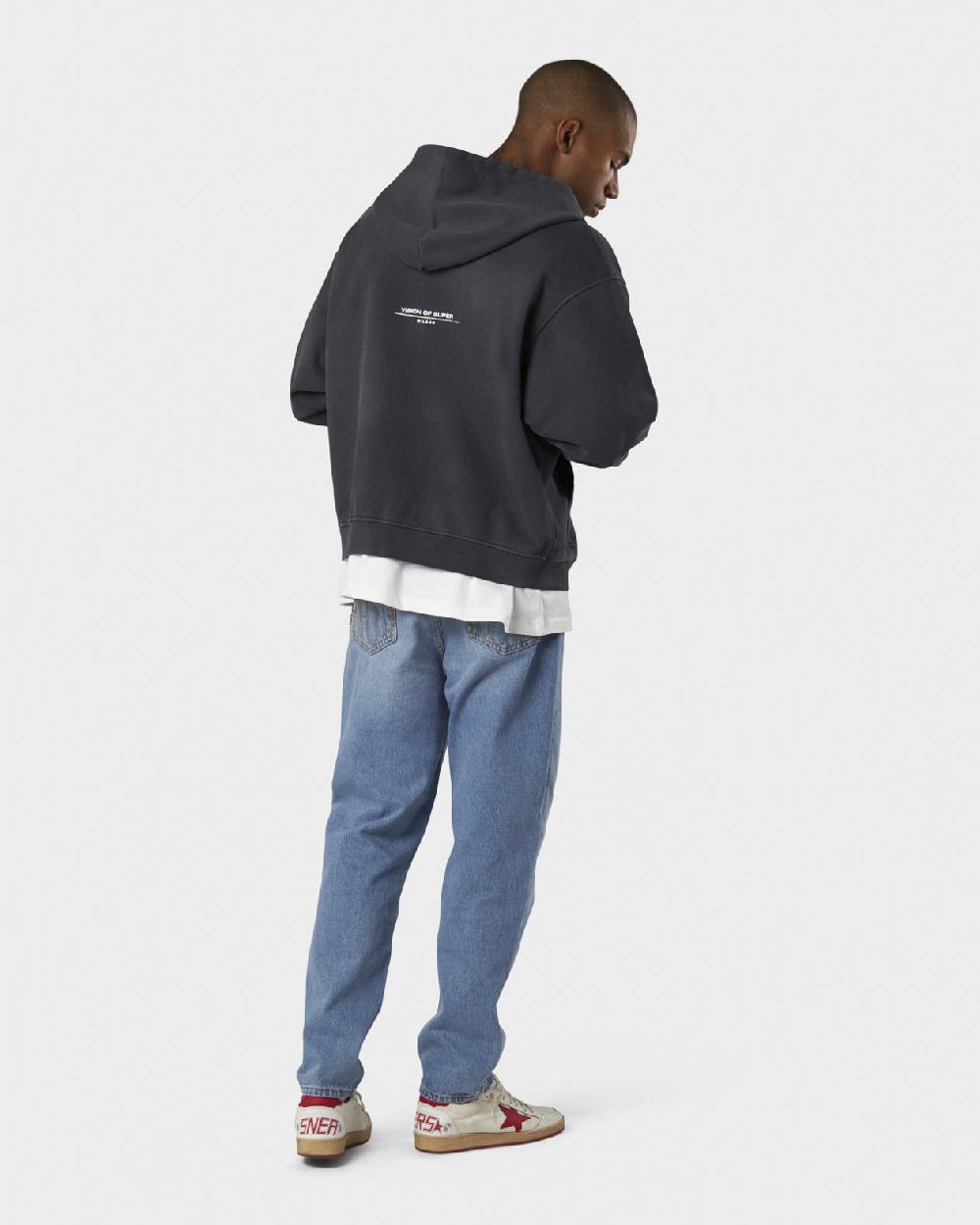 Vision Of Super COLD WASH HOODIE ZIP WITH RED FLAME METAL LABEL AND PRINTED LOGO Vendita Economica