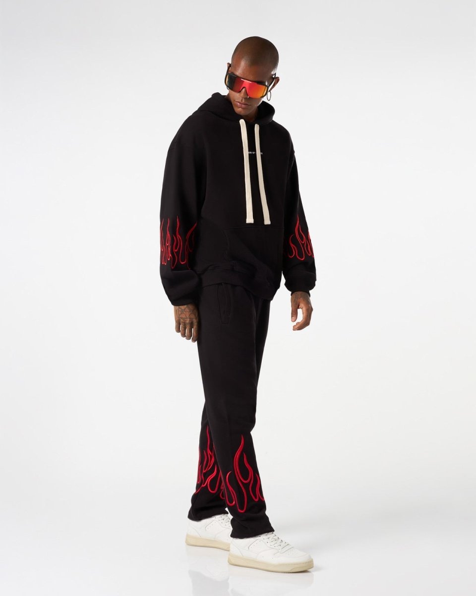 Vision Of Super BLACK HOODIE WITH RED EMBROIDERED FLAMES Saldi Di Fabbrica