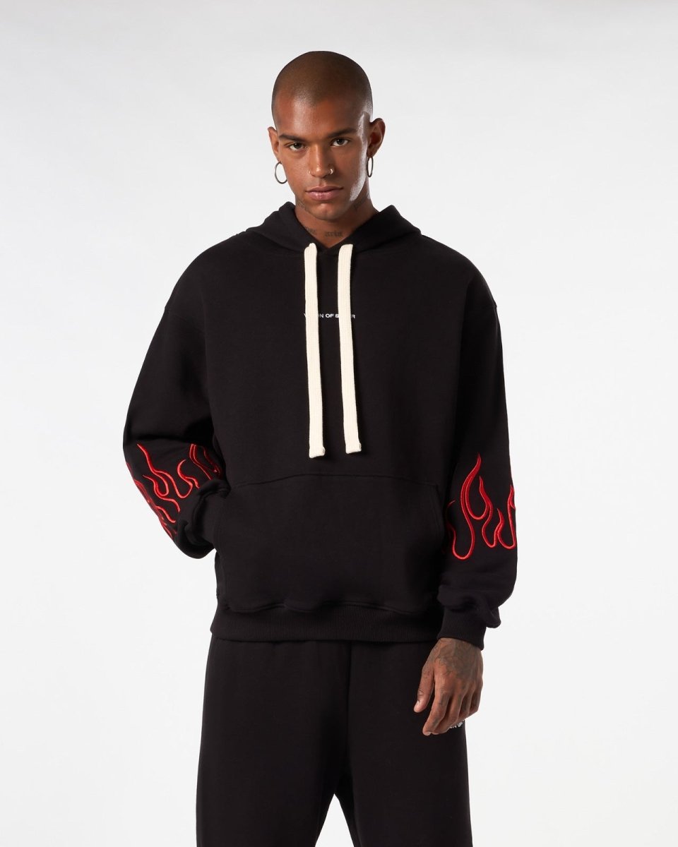 Vision Of Super BLACK HOODIE WITH RED EMBROIDERED FLAMES Saldi Di Fabbrica