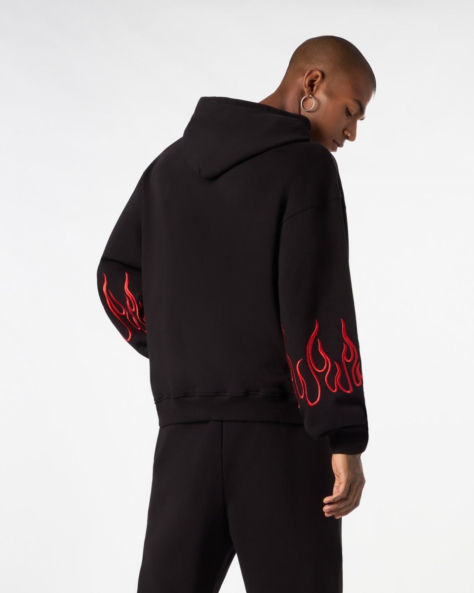Vision Of Super BLACK HOODIE WITH RED EMBROIDERED FLAMES Saldi Di Fabbrica