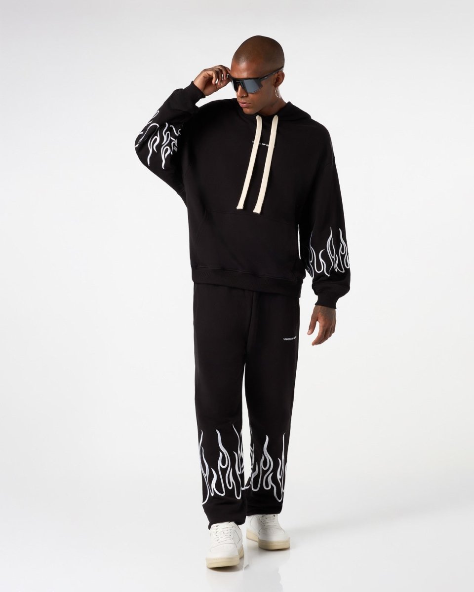 Vision Of Super BLACK HOODIE WITH WHITE EMBROIDERED FLAMES I Più Venduti