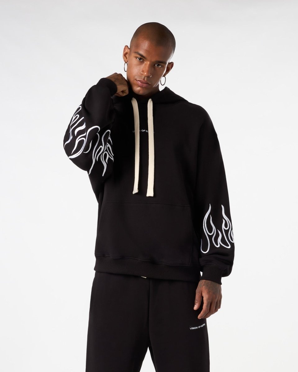 Vision Of Super BLACK HOODIE WITH WHITE EMBROIDERED FLAMES I Più Venduti