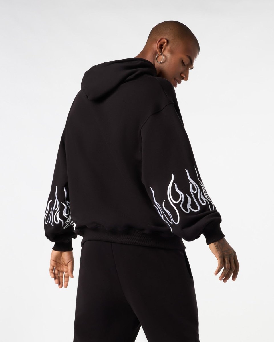 Vision Of Super BLACK HOODIE WITH WHITE EMBROIDERED FLAMES I Più Venduti