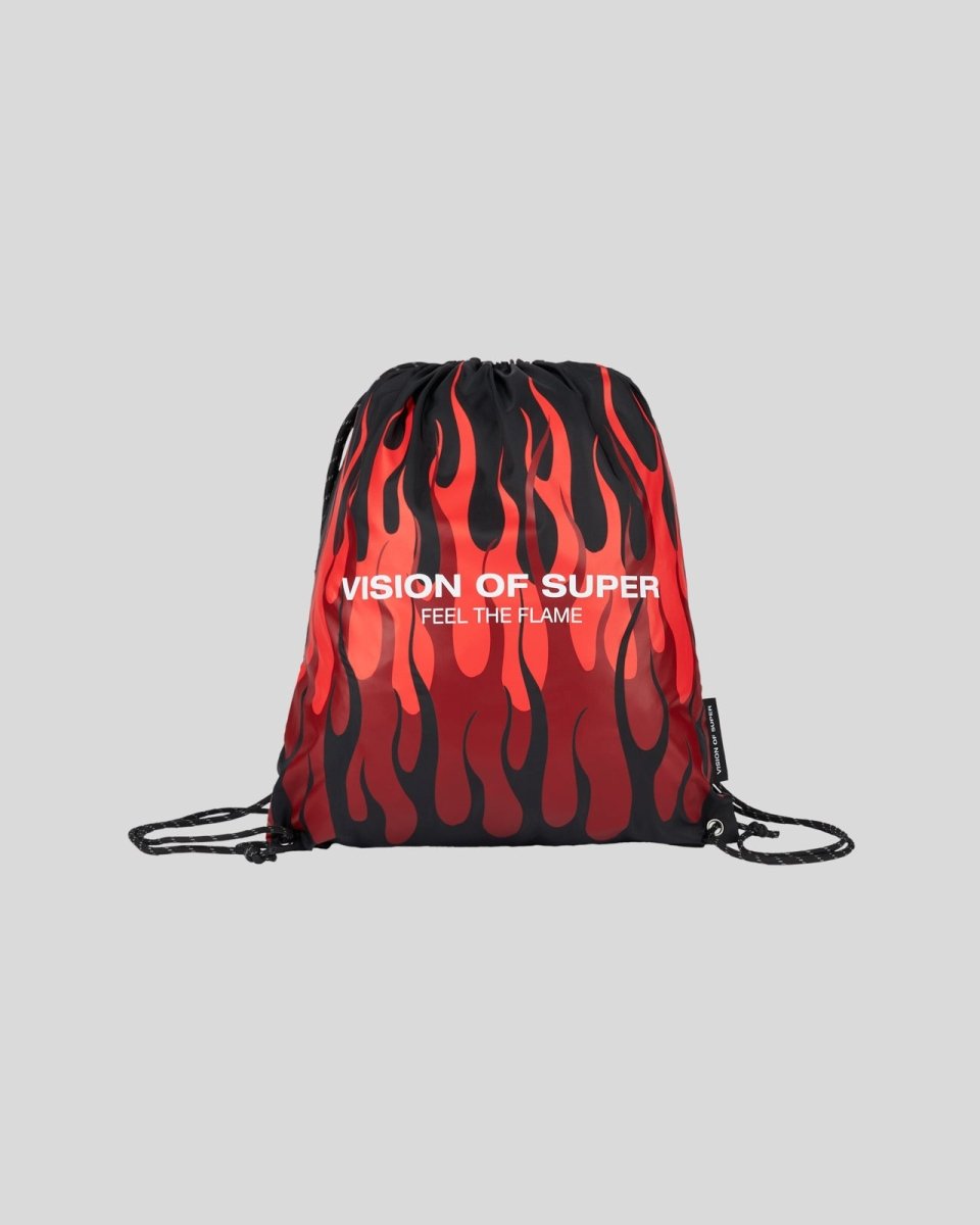 Vision Of Super BLACK DRAWSTRING BACKPACK WITH TRIPLE FLAMES AND LOGO PRINT Negozi Online