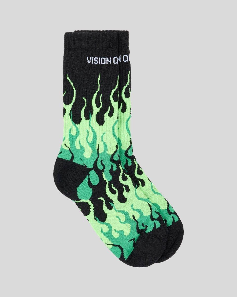 Vision Of Super BLACK SOCKS WITH GREEN TRIPLE FLAMES Affare Del Giorno