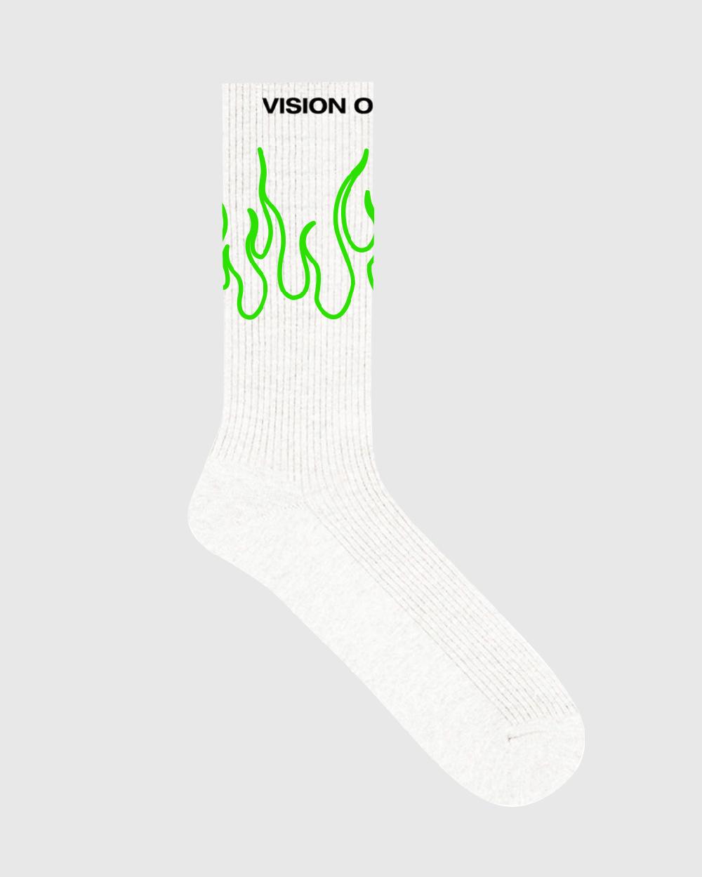 Vision Of Super WHITE SOCKS WITH GREEN OUTLINE FLAMES Sconto