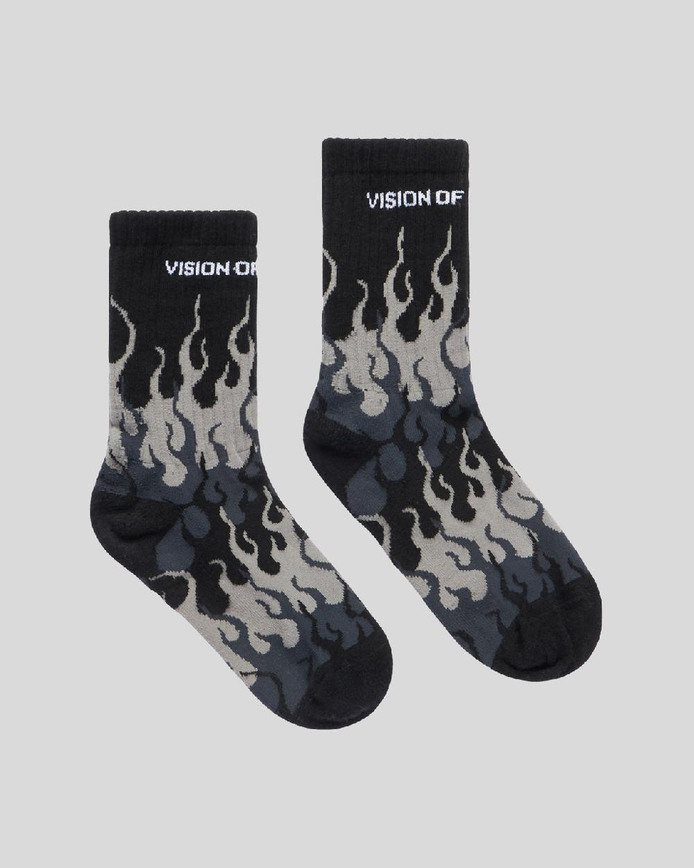 Vision Of Super BLACK SOCKS WITH GREY TRIPLE FLAMES In Vendita
