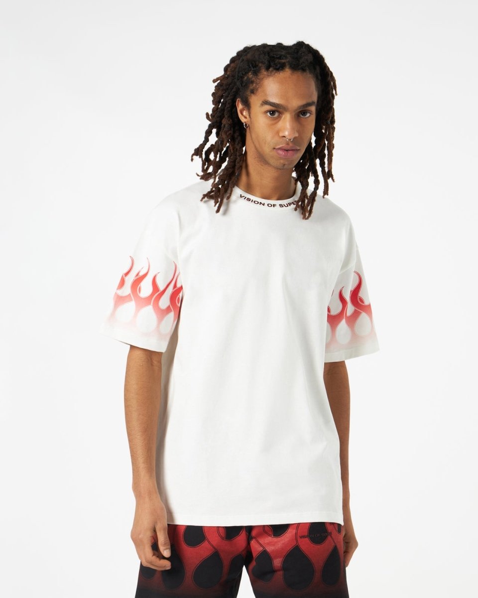 Vision Of Super WHITE T-SHIRT WITH RED FLAMES Vendita Calda
