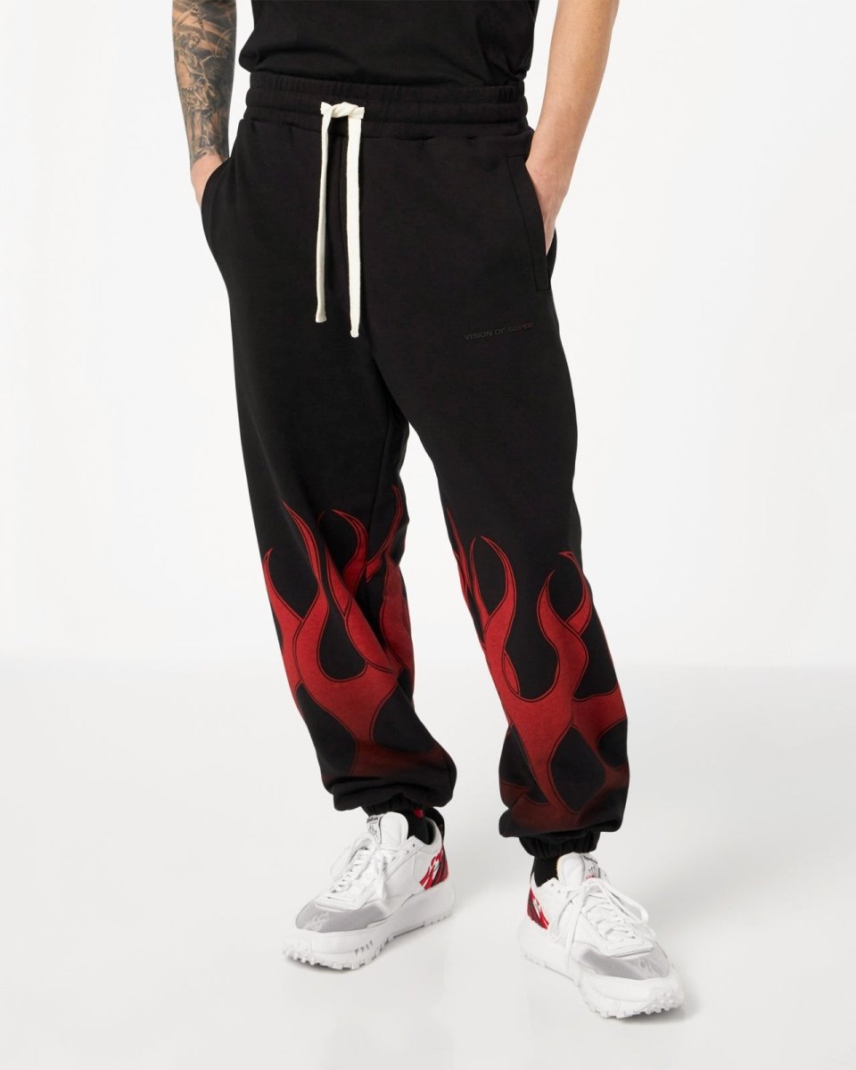 Vision Of Super BLACK PANTS WITH RED FLAMES Spedizione Gratuita