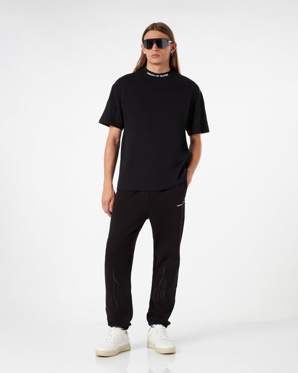 Vision Of Super BLACK PANTS WITH BLACK EMBROIDERED FLAMES Pezzi Unici