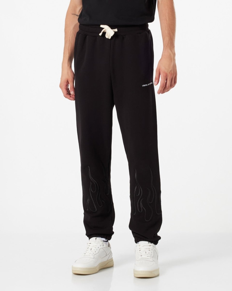 Vision Of Super BLACK PANTS WITH BLACK EMBROIDERED FLAMES Pezzi Unici