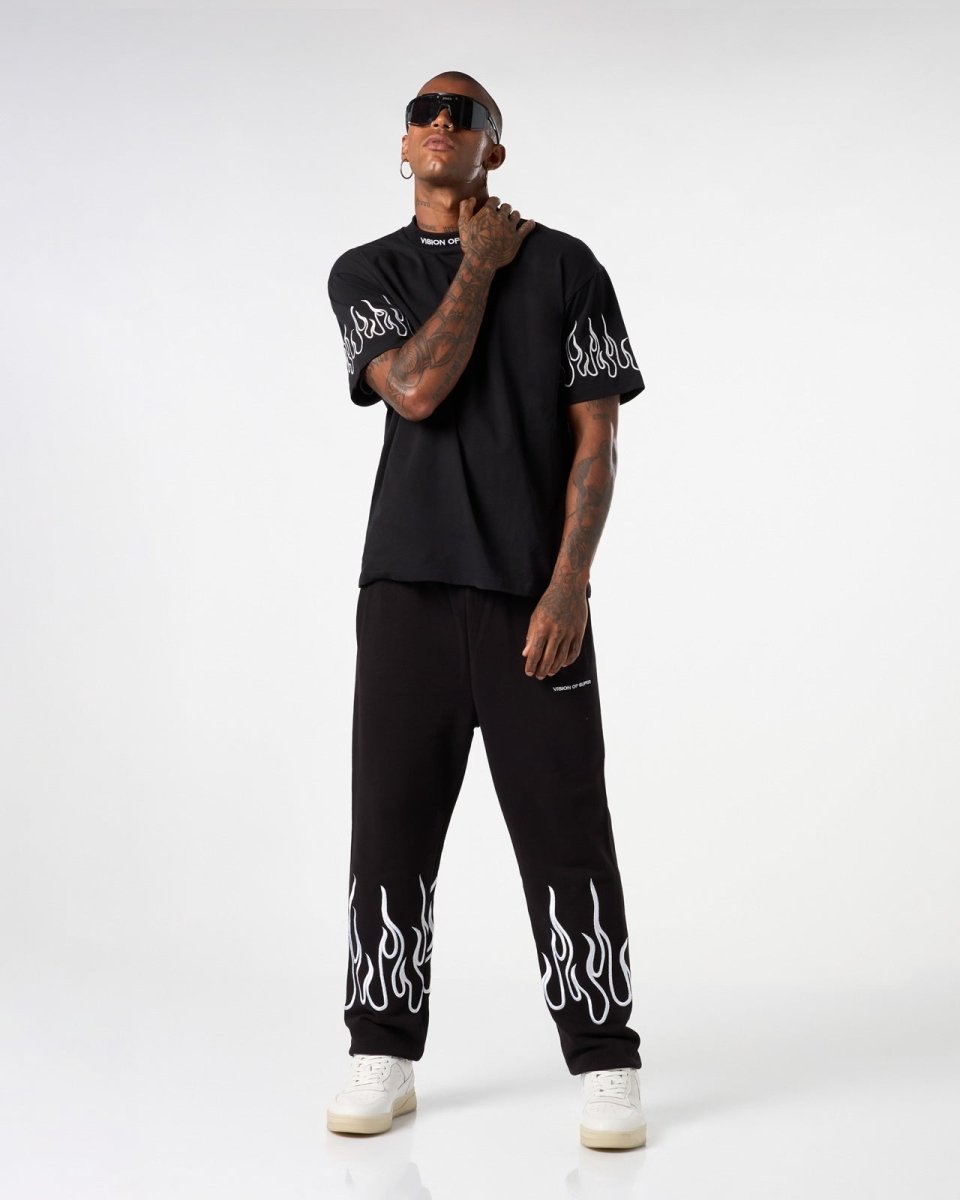 Vision Of Super BLACK PANTS WITH WHITE EMBROIDERED FLAMES Soddisfazione Garantita