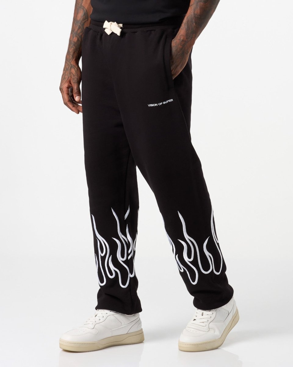 Vision Of Super BLACK PANTS WITH WHITE EMBROIDERED FLAMES Soddisfazione Garantita
