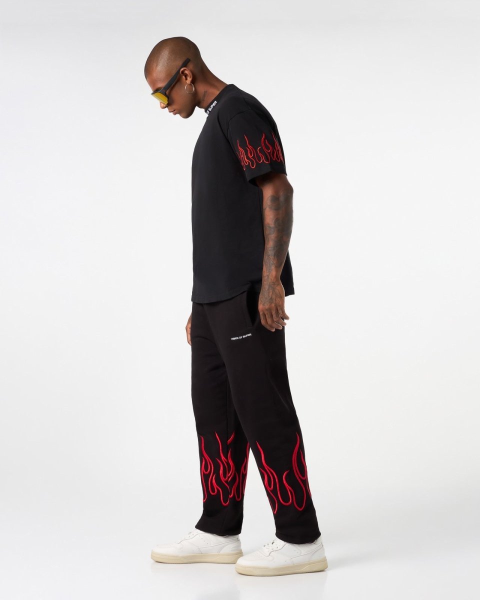 Vision Of Super BLACK PANTS WITH RED EMBROIDERED FLAMES Qualità Garantita
