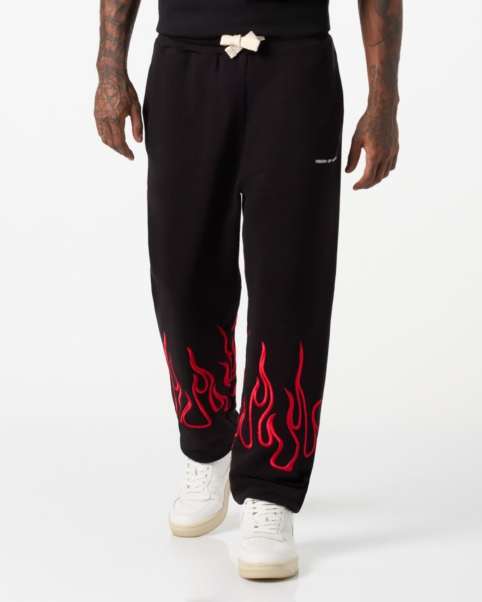 Vision Of Super BLACK PANTS WITH RED EMBROIDERED FLAMES Qualità Garantita