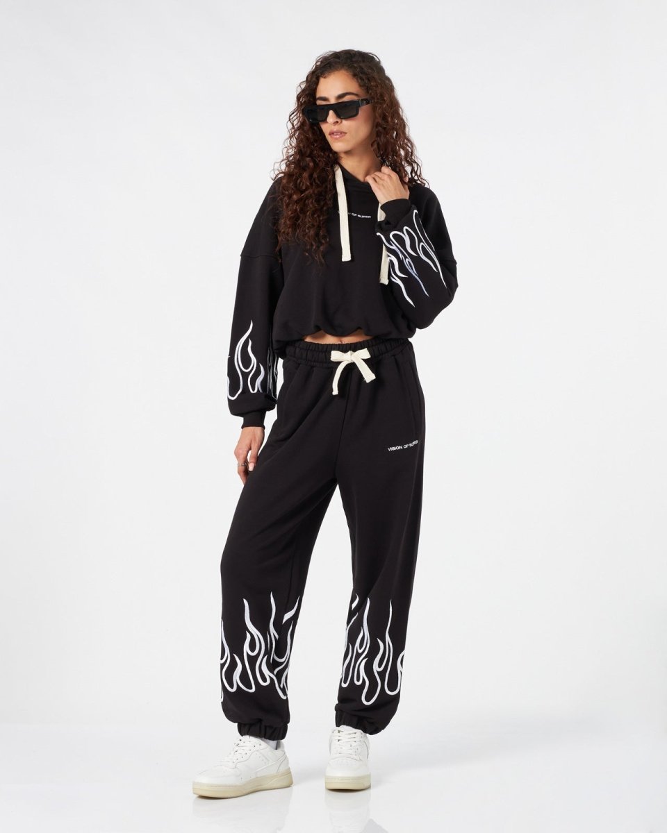 Vision Of Super BLACK WOMAN PANTS WITH WHITE EMBROIDERED FLAMES Negozi Online