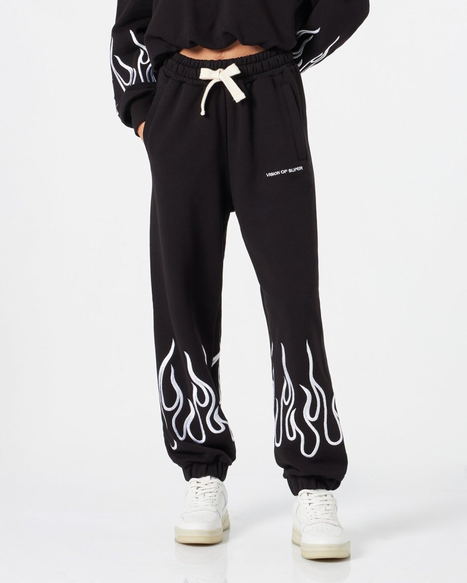 Vision Of Super BLACK WOMAN PANTS WITH WHITE EMBROIDERED FLAMES Negozi Online