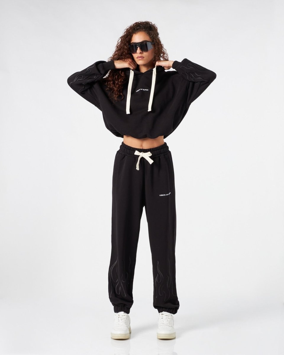 Vision Of Super BLACK WOMAN PANTS WITH BLACK EMBROIDERED FLAMES Consegna Veloce