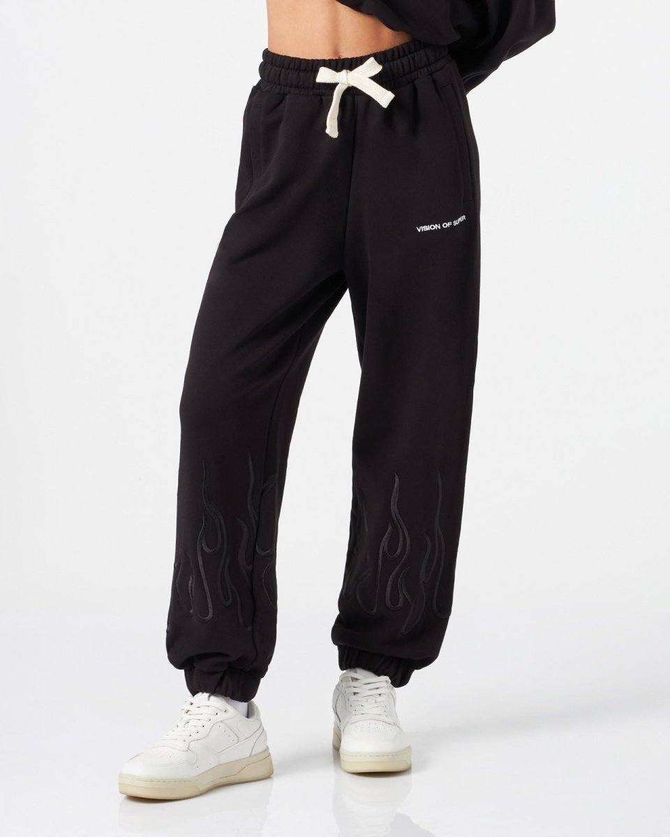 Vision Of Super BLACK WOMAN PANTS WITH BLACK EMBROIDERED FLAMES Consegna Veloce