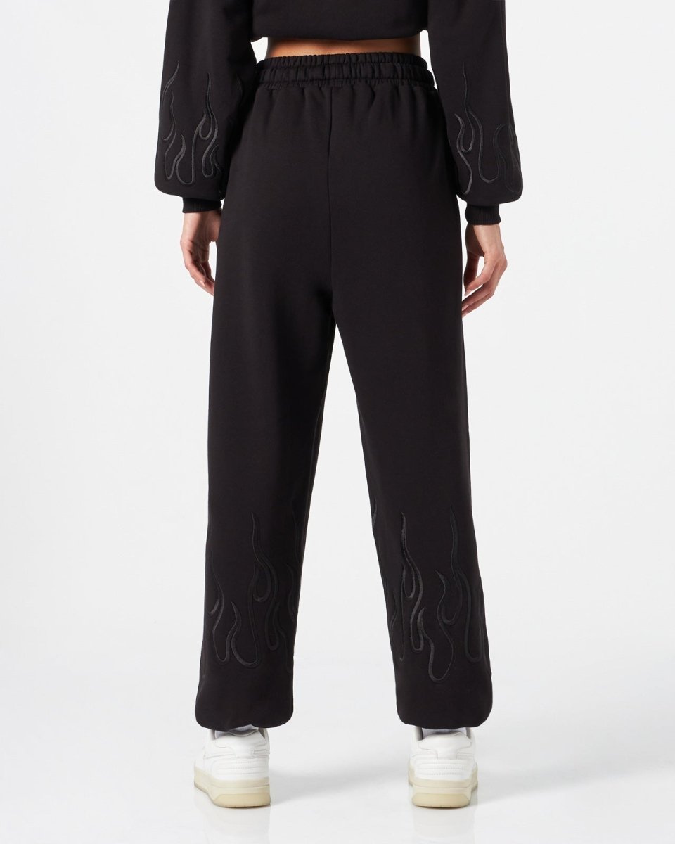 Vision Of Super BLACK WOMAN PANTS WITH BLACK EMBROIDERED FLAMES Consegna Veloce