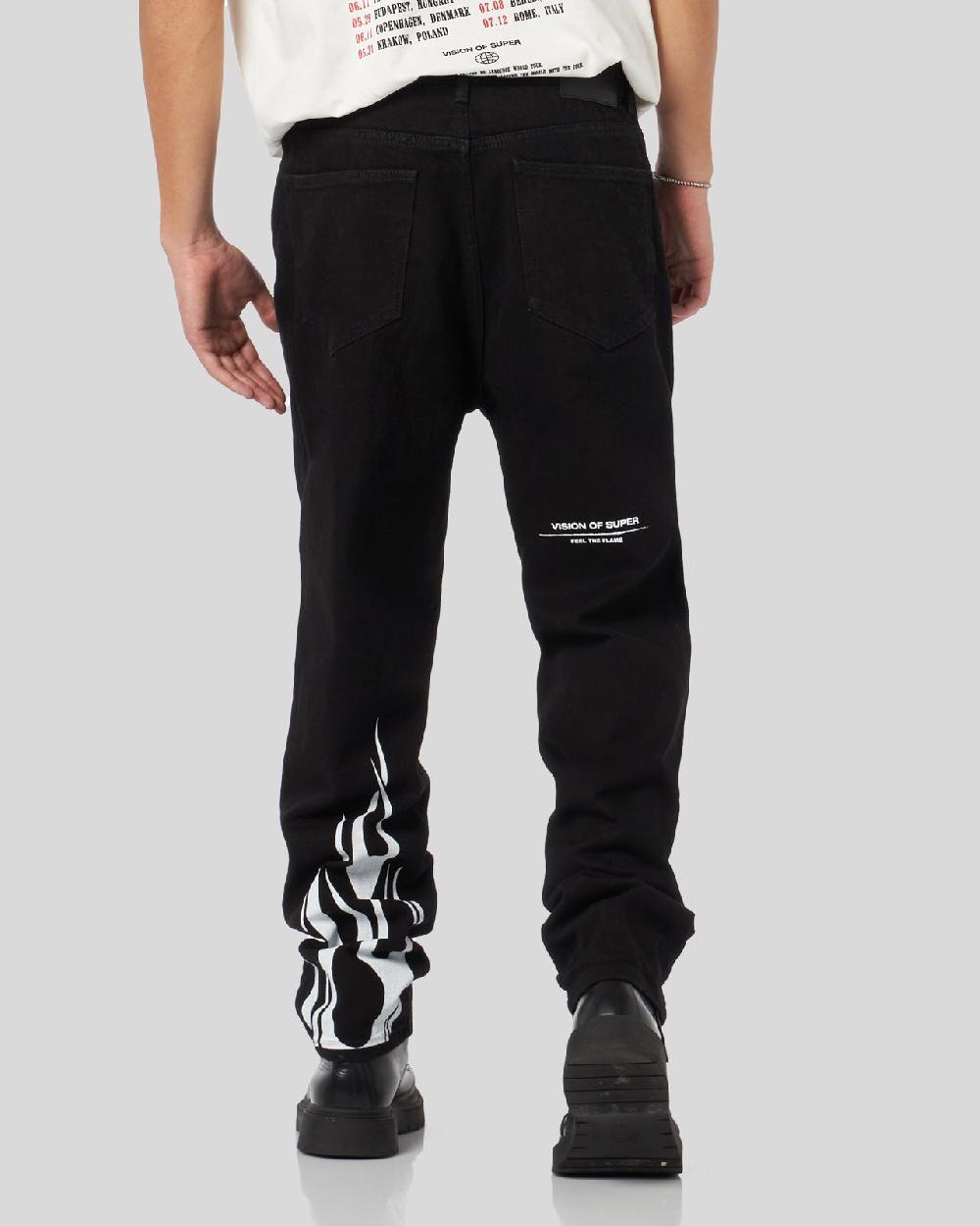 Vision Of Super BLACK DENIM JEANS WITH PRINTED FLAMES AND LOGO Promozione Limitata
