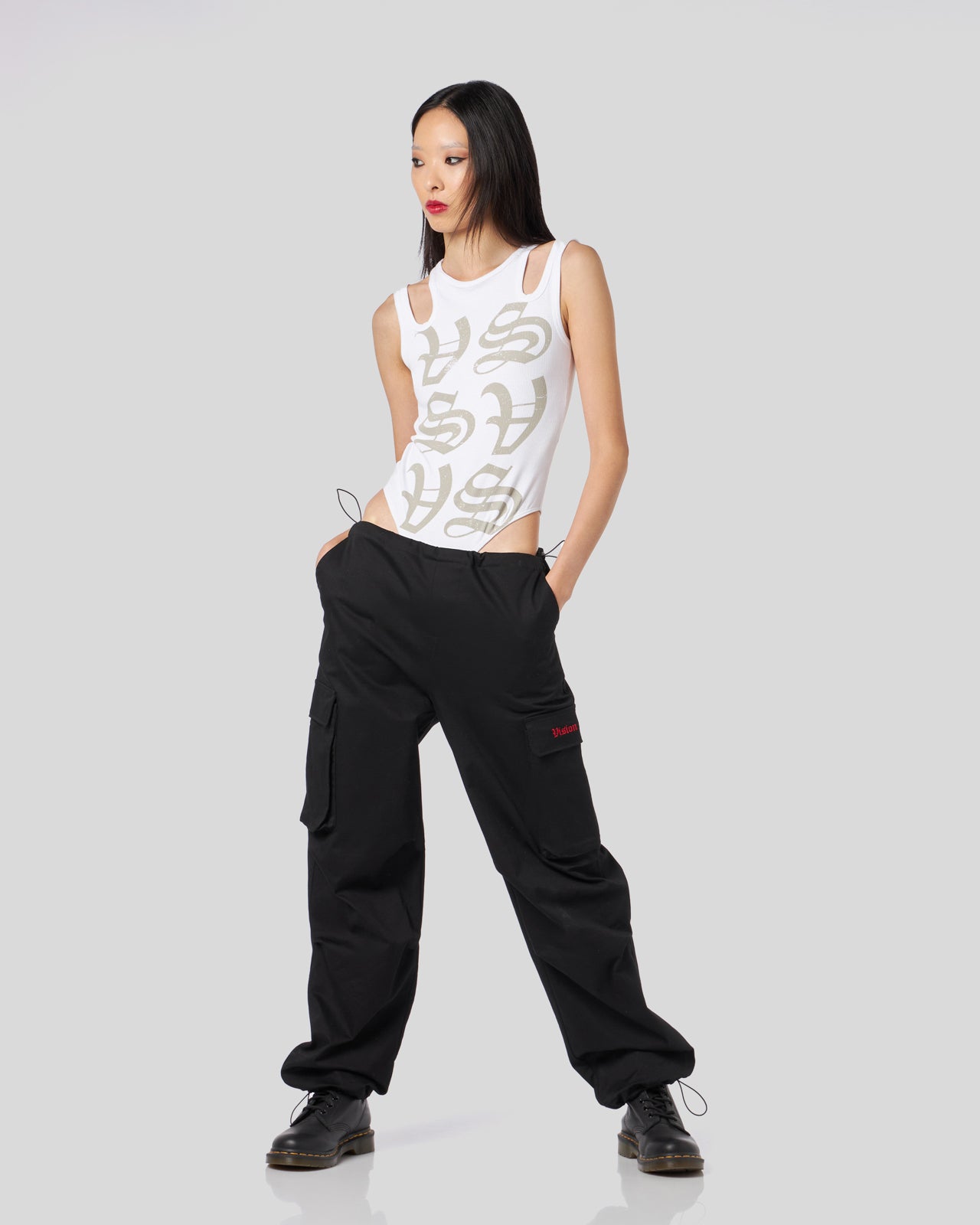 Vision Of Super BLACK CARGO PANTS WITH EMBROIDERED GOTIC LOGO In Vendita